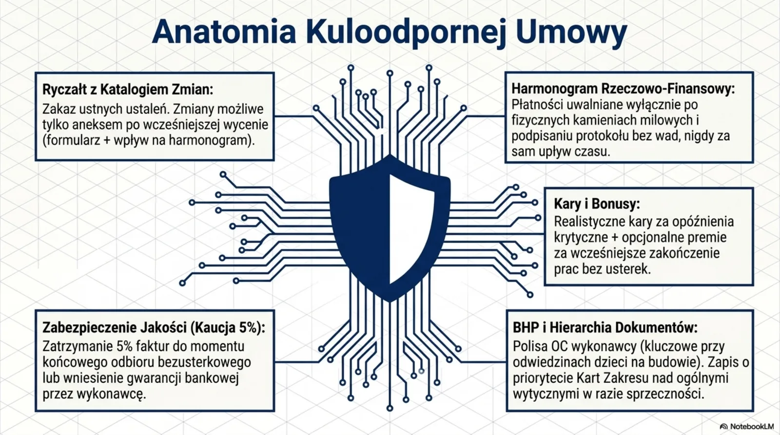Diagram tarczy ochronnej z 6 sekcjami umowy: ryczałt z katalogiem zmian, harmonogram rzeczowo-finansowy, kary i bonusy, kaucja 5%, BHP i hierarchia dokumentów