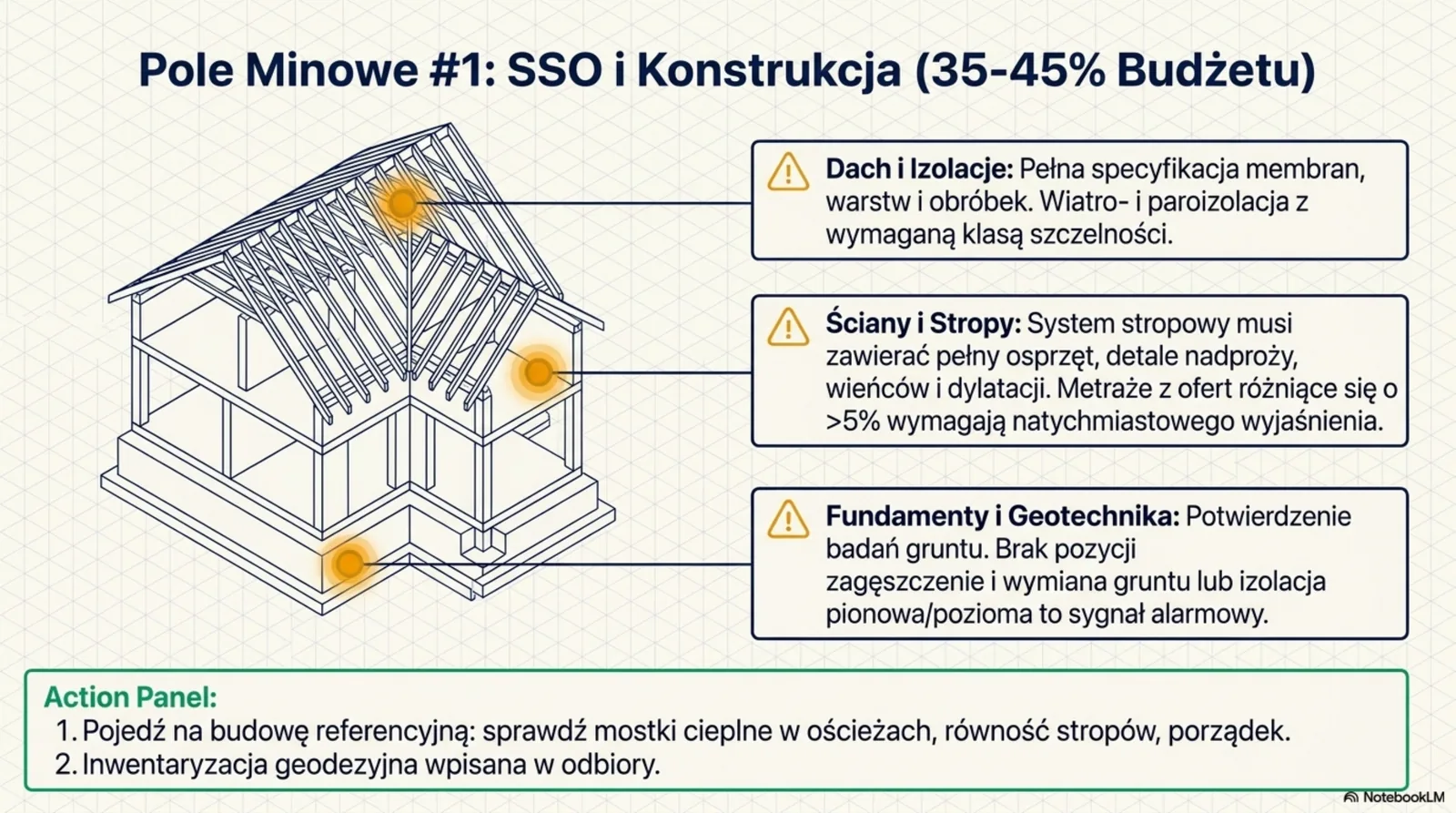 Schemat konstrukcji domu z trzema punktami zapalnymi: dach i izolacje (pełna specyfikacja membran), ściany i stropy (osprzęt, nadproża, dylatacje), fundamenty i geotechnika (badania gruntu, izolacje)