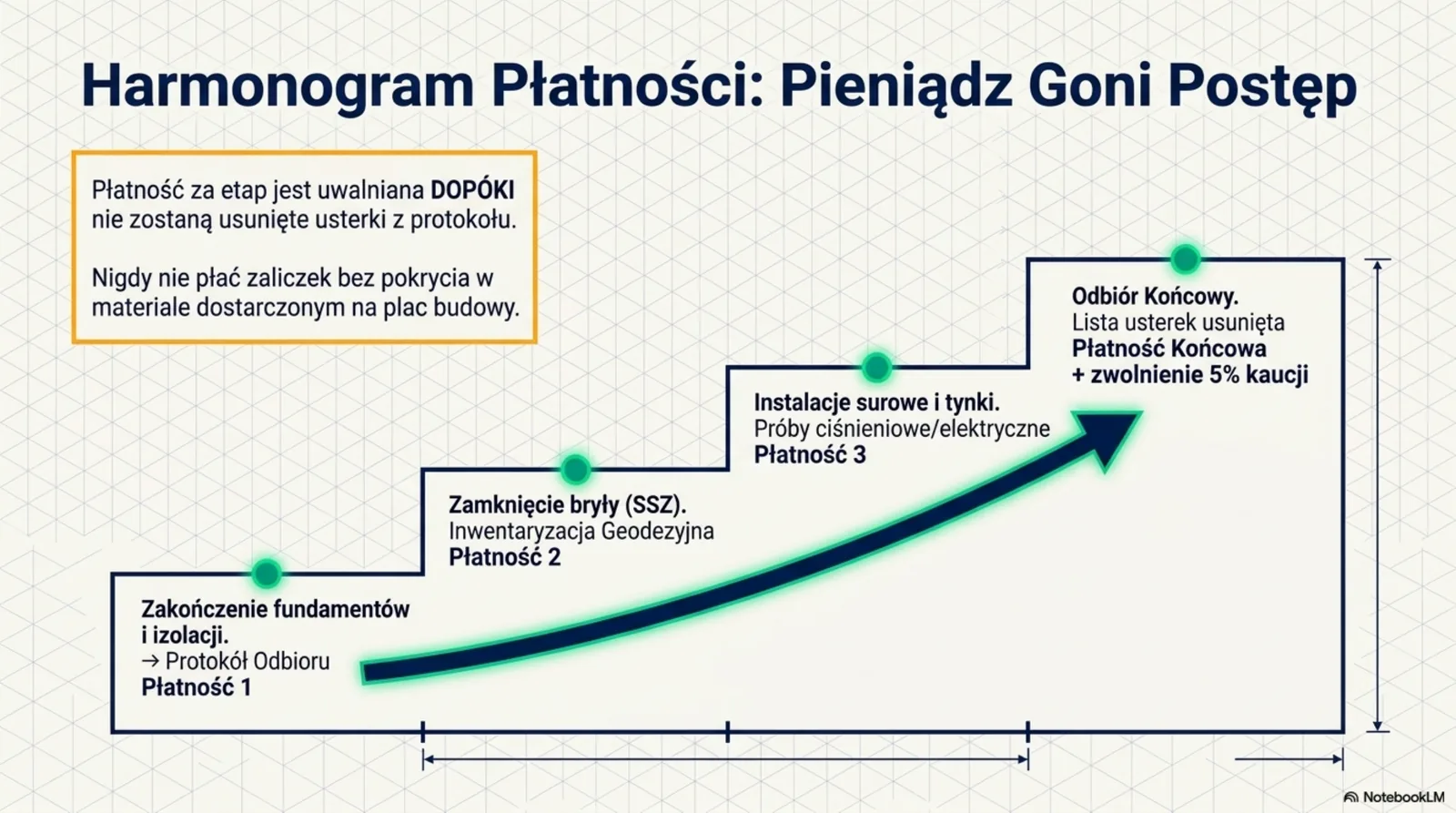 Wykres kaskadowy 4 płatności: Płatność 1 — fundamenty + izolacje, Płatność 2 — zamknięcie bryły (SSZ + geodezja), Płatność 3 — instalacje surowe + tynki (próby), Odbiór Końcowy + zwolnienie 5% kaucji