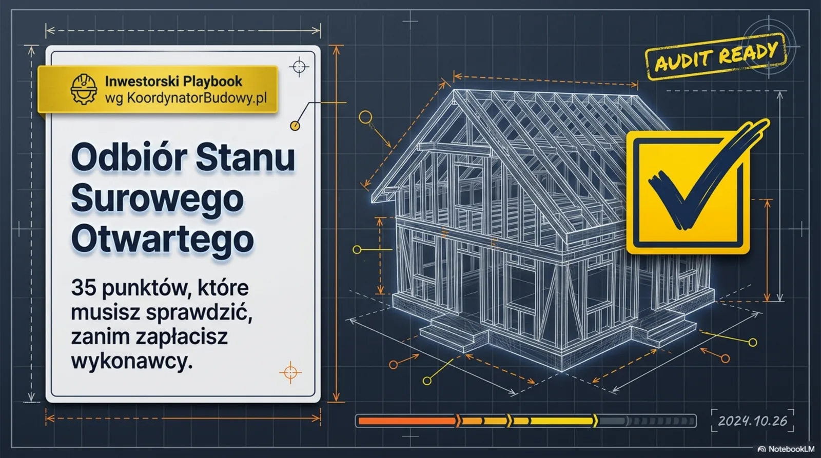 Okładka playbooka odbioru SSO — szkic domu jednorodzinnego w stylu blueprint z pieczęcią AUDIT READY