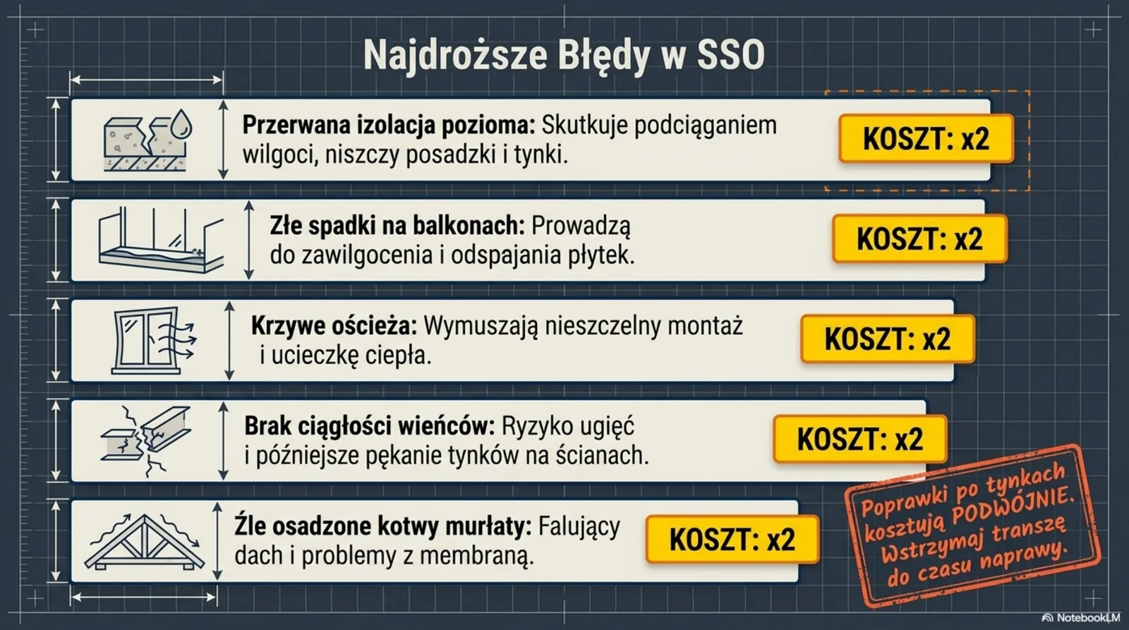 Lista 5 najdroższych błędów w SSO: przerwana izolacja pozioma, złe spadki balkonów, krzywe ościeża, brak ciągłości wieńców, źle osadzone kotwy murłaty