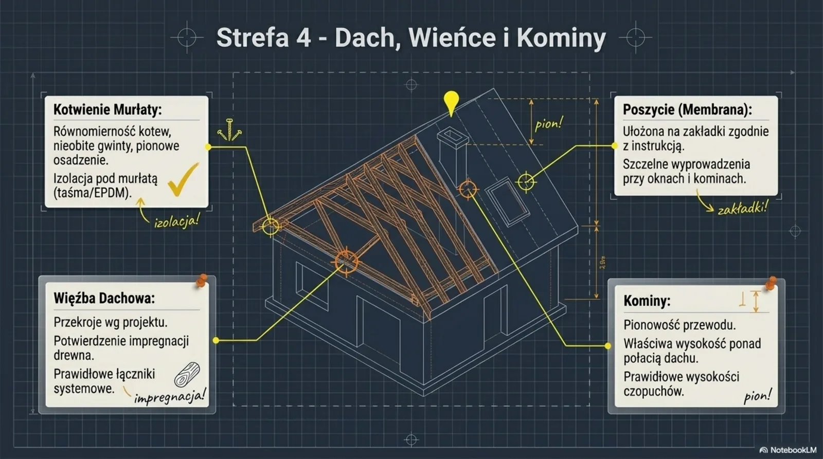 Schemat dachu i kominów z 4 punktami: kotwienie murłaty, więźba dachowa, poszycie membrana, kominy — pionowość, wysokość