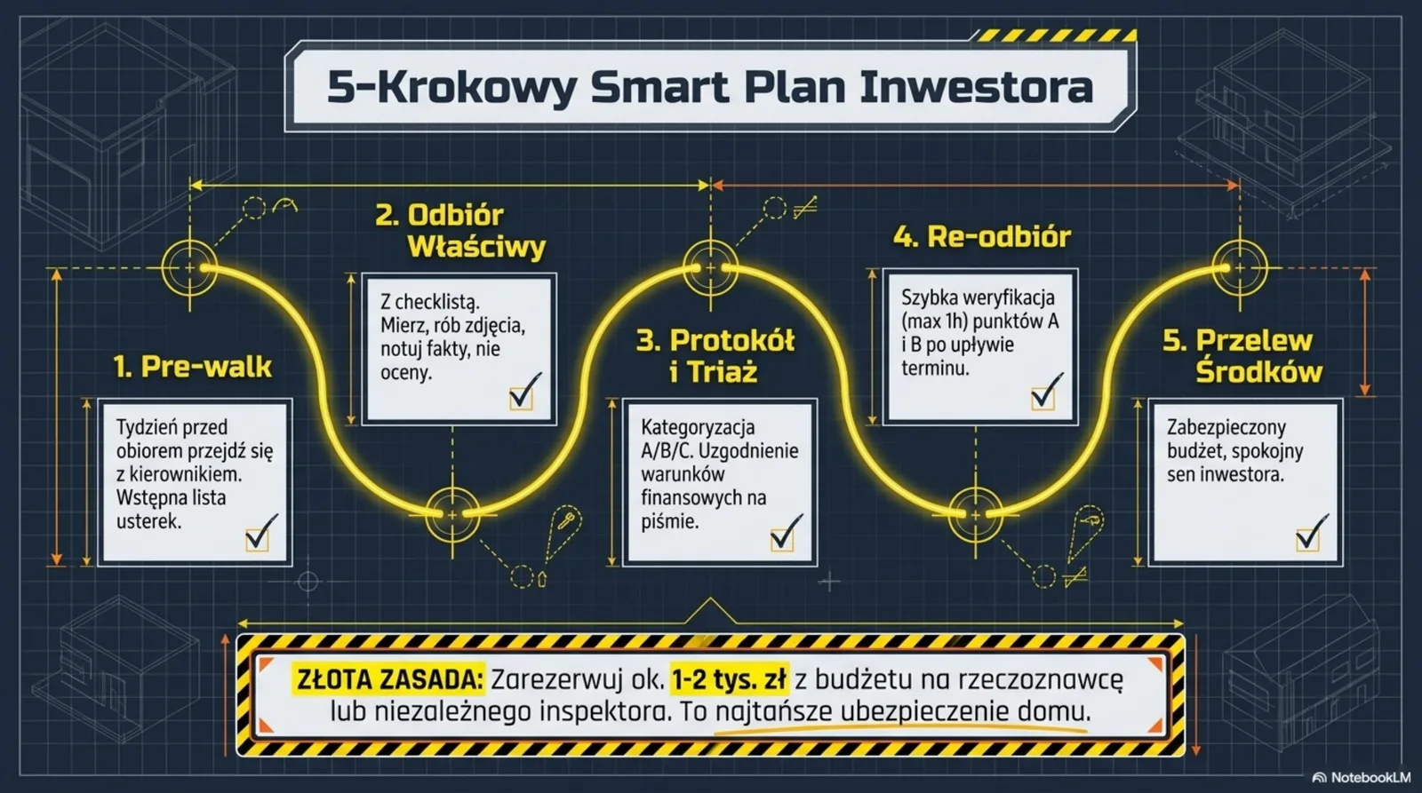 Krzywa 5 kroków odbioru: 1. Pre-walk, 2. Odbiór właściwy, 3. Protokół i triaż, 4. Re-odbiór, 5. Przelew środków